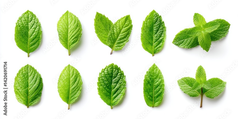 Close-up of vibrant green leaves arranged on a clean white surface with natural lighting.