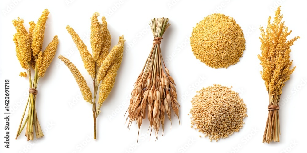 Close-up of dry wheat bunches and assorted grains arranged on a clean white surface.