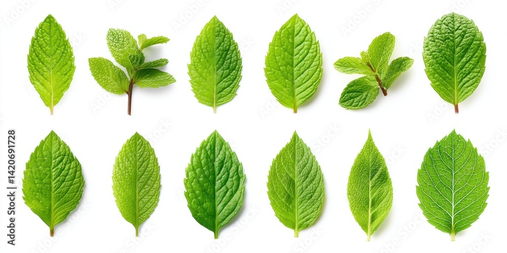 Close-up of vibrant green leaves arranged on a clean white surface with natural lighting.