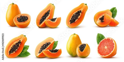 Obraz na płótnie Close-up of a sliced ripe papaya and half-cut orange with vibrant orange and yellow colors on white background. w salonie