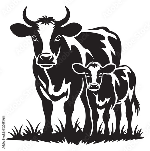 Cow Calf Baby Grazing Grass Western Animal Logo Graphic Silhouette Shape Clipart Digital Art Illustration