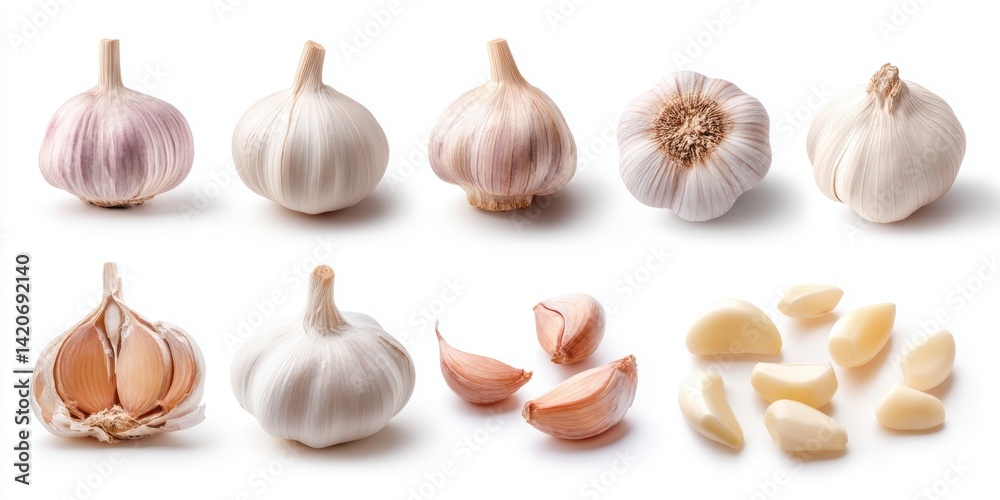 Fototapeta premium Close-up of fresh whole garlic bulbs and a single garlic clove on a white background.