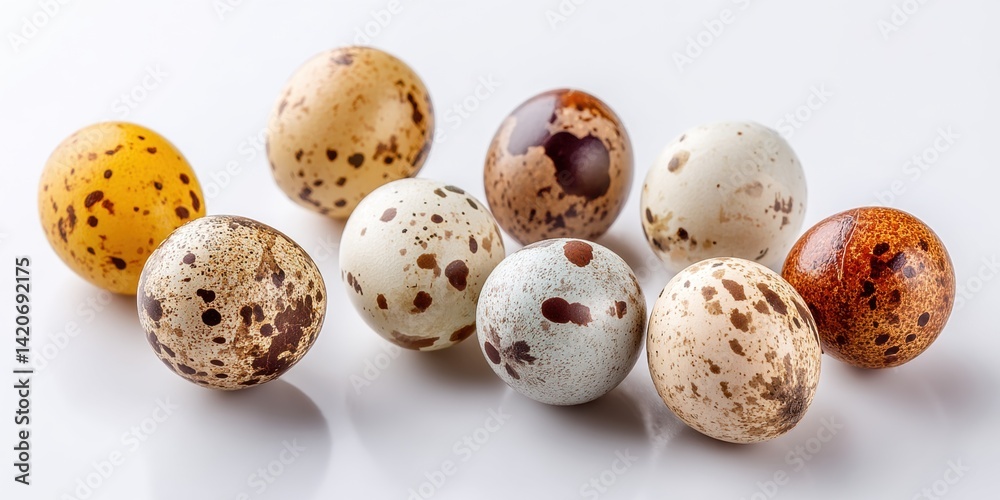 Close-up of speckled eggs with natural beige and brown tones on a neutral background.