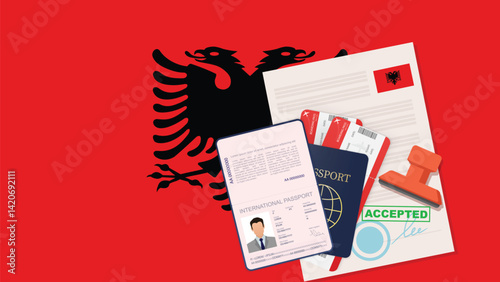 Albania visa, open stamped passport with visa approved document for border crossing. Immigration visa concept. Background with Albania flag. vector illustration
