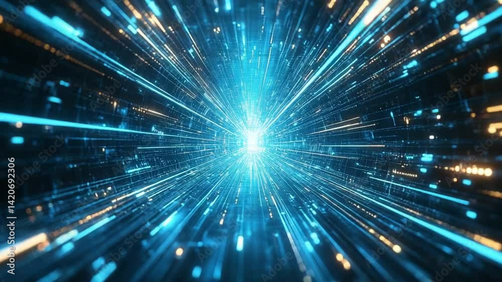 Futuristic digital data stream with blue and orange light particles creating a hyper tunnel Futuristic digital data stream with blue and orange light particles creating a hyper tunnel