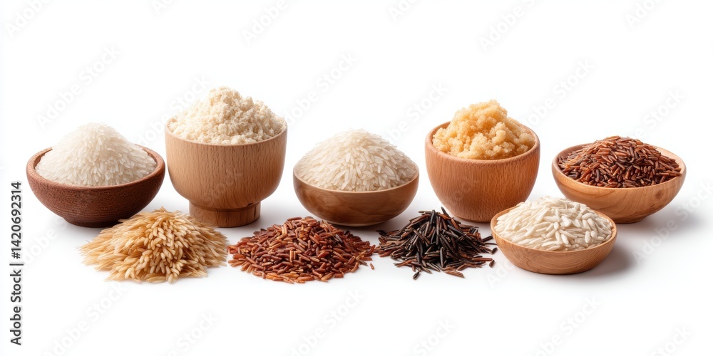 Close-up of assorted rice varieties displayed in wooden bowls on a rustic surface with natural lighting.