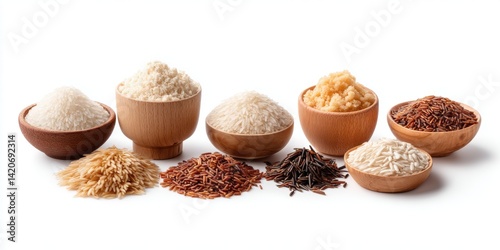 Obraz na płótnie Close-up of assorted rice varieties displayed in wooden bowls on a rustic surface with natural lighting. w salonie