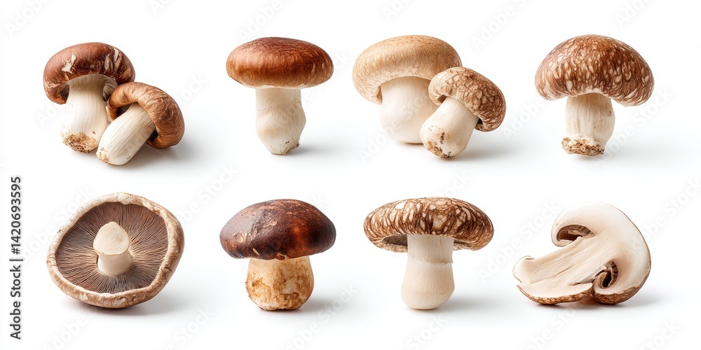 Arafed mushroom and assorted mushrooms arranged on a clean white background, studio-lit for product display. Arafed mushroom and assorted mushrooms arranged on a clean white background, studio-lit for product display.