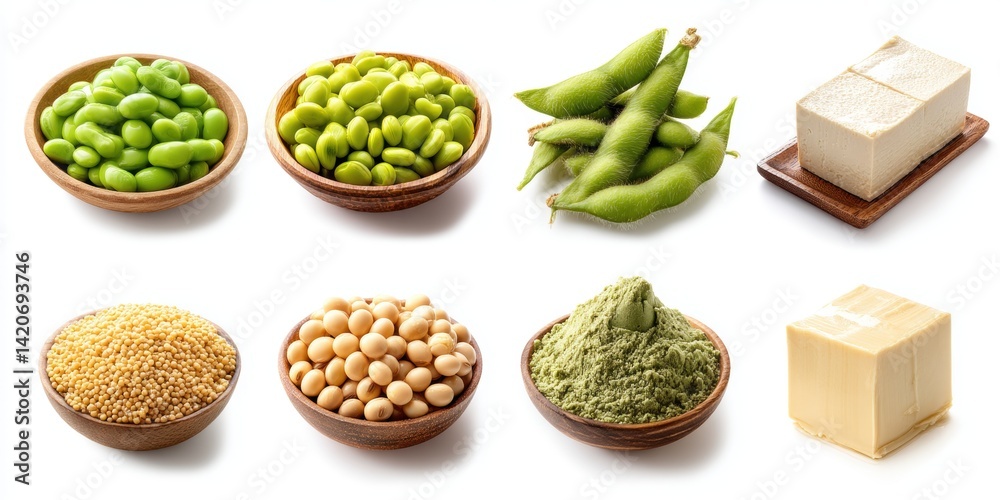 Close-up of assorted foods including cooked beans, white rice, and sliced tofu on a wooden surface.