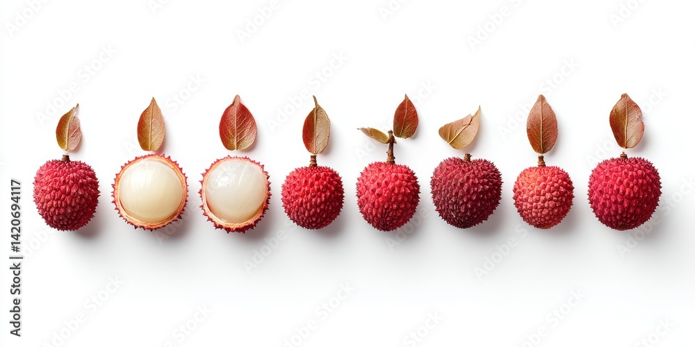 Close-up of fresh red litchi fruits with green leaves on a natural green background, ideal for food and nature themes.