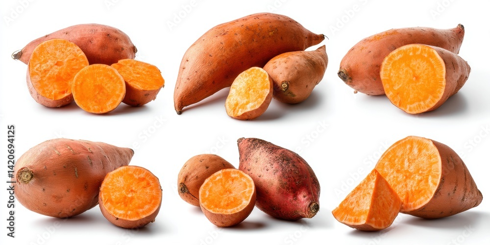 Close-up of halved sweet potatoes showing vibrant orange flesh and textured skin on a white background.