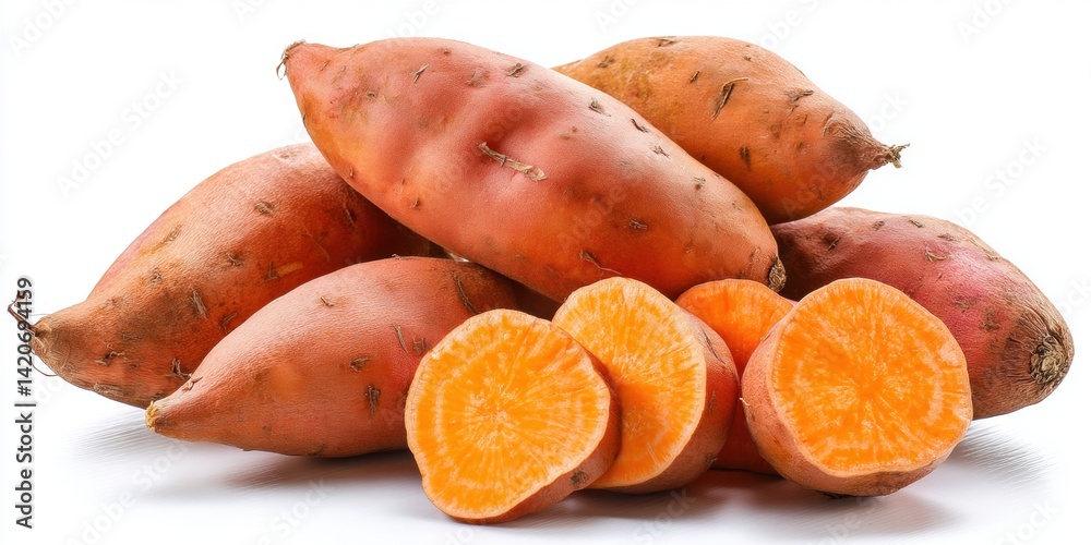 Fresh whole and sliced sweet potatoes arranged on a white surface with natural light.