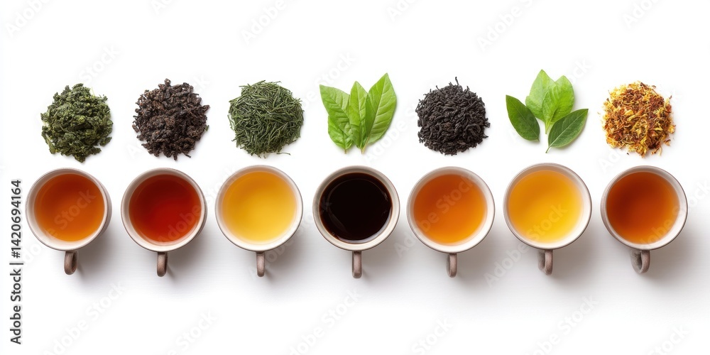 Diverse varieties of loose tea leaves and packaged teas arranged in a neat row on a white background.