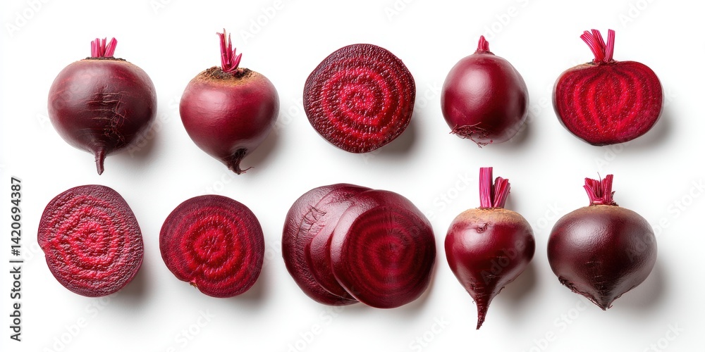 Close-up of a fresh red beet sliced in half alongside a whole beet on a white background.