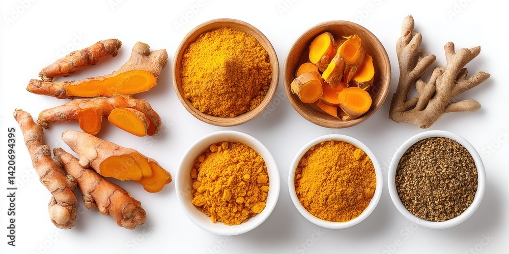 Four bowls filled with vibrant turmeric powder and one bowl of fresh ginger on a white surface.