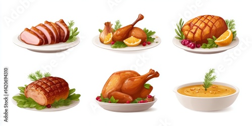 Plates of sliced meat and fresh vegetables served with assorted sauces on a wooden table.