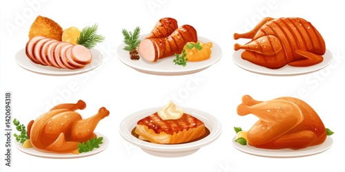 Close-up of a plate with assorted cooked meats showcasing textures and rich brown colors on a white dish.