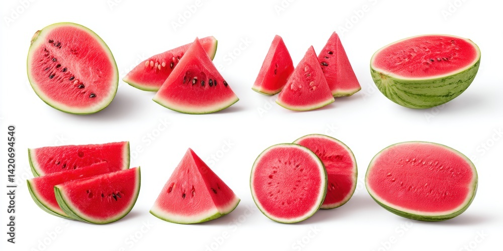 Close-up of fresh, juicy red watermelon slices with green rind on a white background.