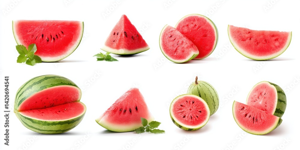 Freshly sliced red watermelon with green mint leaves and foliage on a white background.