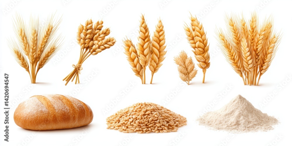 Close-up of wheat grains, bread loaf, flour, and flour powder on a rustic wooden surface with soft natural lighting.
