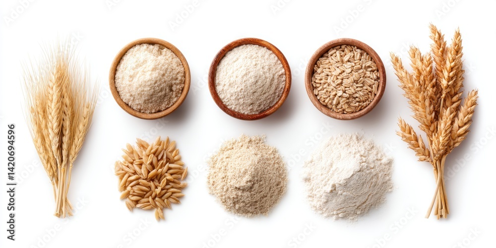 Close-up of assorted colorful cereals in bowls, showcasing different shapes and textures on white background.