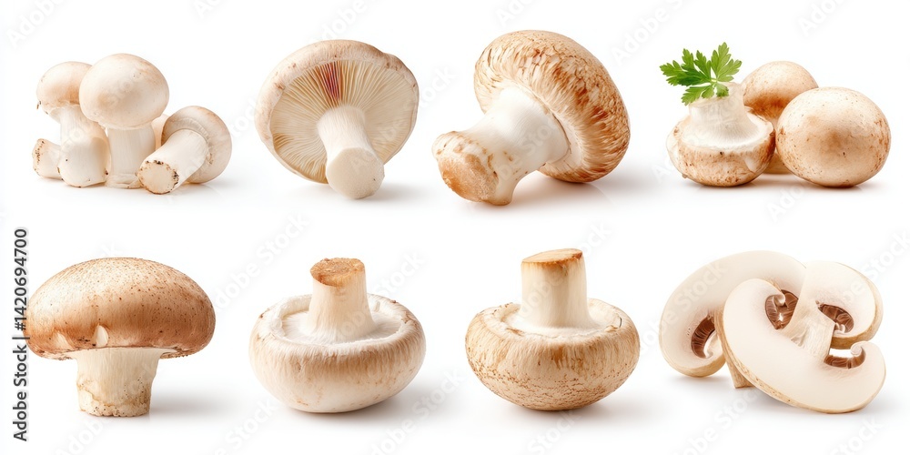 Fresh red mushrooms and green parsley arranged on a clean white background, ideal for culinary themes.