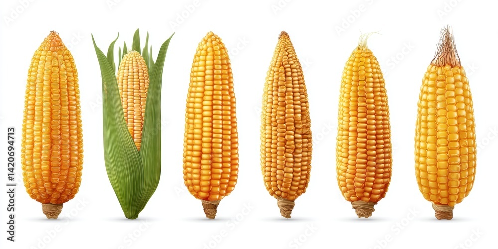 Close-up of fresh yellow corn cobs isolated on a clean white background, perfect for food and agriculture.