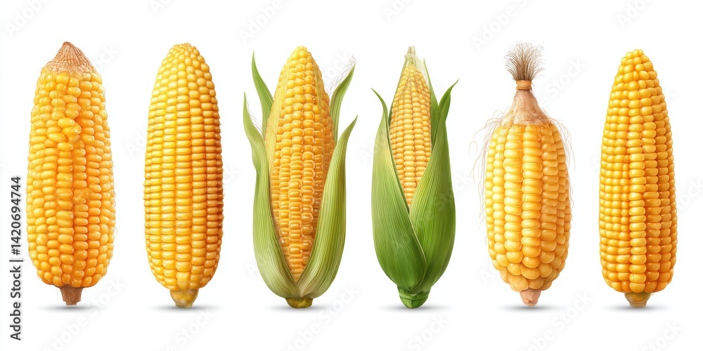 Fresh ears of corn with green husk leaves on a clean white background, bright and natural lighting.