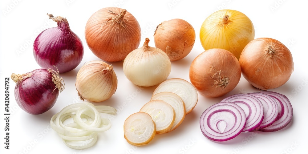 Close-up of whole and sliced yellow onions on a wooden surface with natural light.