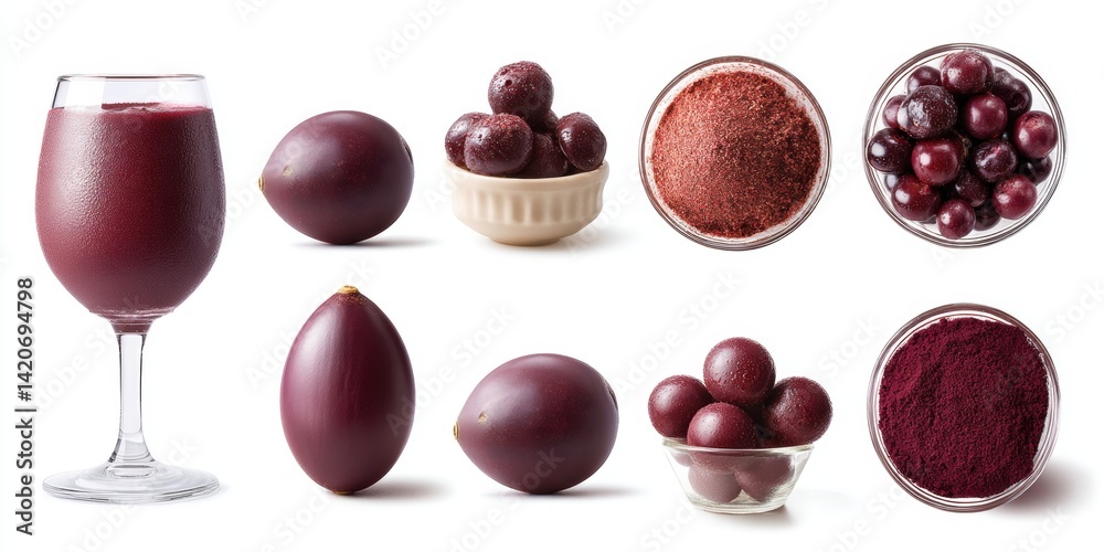 Close-up of a glass of red wine with bowls of grapes and plums on a wooden surface in soft daylight.