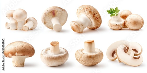 Obraz na płótnie Fresh red mushrooms and green parsley arranged on a clean white background, ideal for culinary themes. w salonie