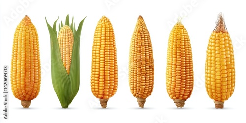 Obraz na płótnie Close-up of fresh yellow corn cobs isolated on a clean white background, perfect for food and agriculture. w salonie