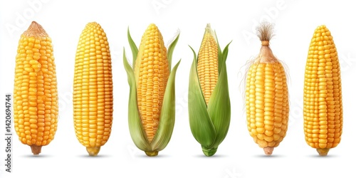 Obraz na płótnie Fresh ears of corn with green husk leaves on a clean white background, bright and natural lighting. w salonie