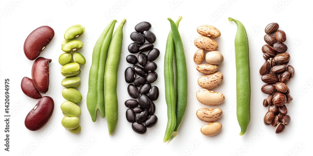 Close-up of fresh green beans arranged in a row on a clean white surface, bright natural lighting.