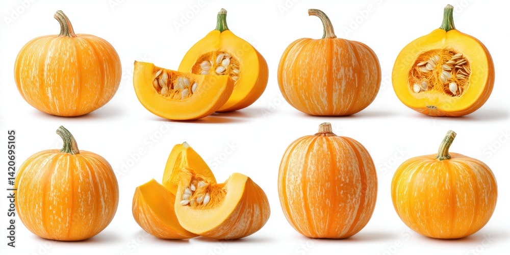 Close-up of halved orange pumpkins with seeds exposed on a white background, bright natural lighting.