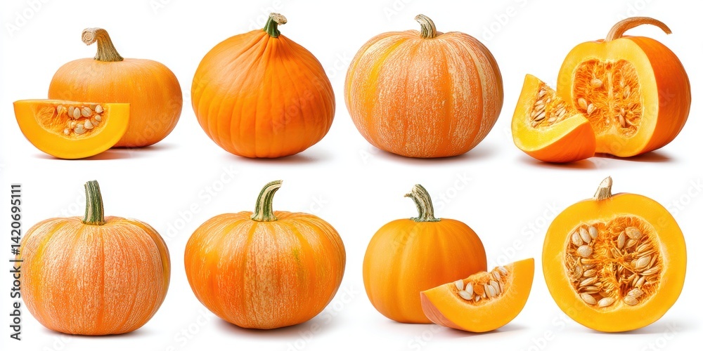 Close-up of halved orange pumpkins with visible seeds on a white background, bright natural lighting.