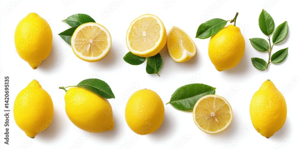 Close-up of fresh yellow lemons with green leaves on a clean white surface, bright natural lighting.