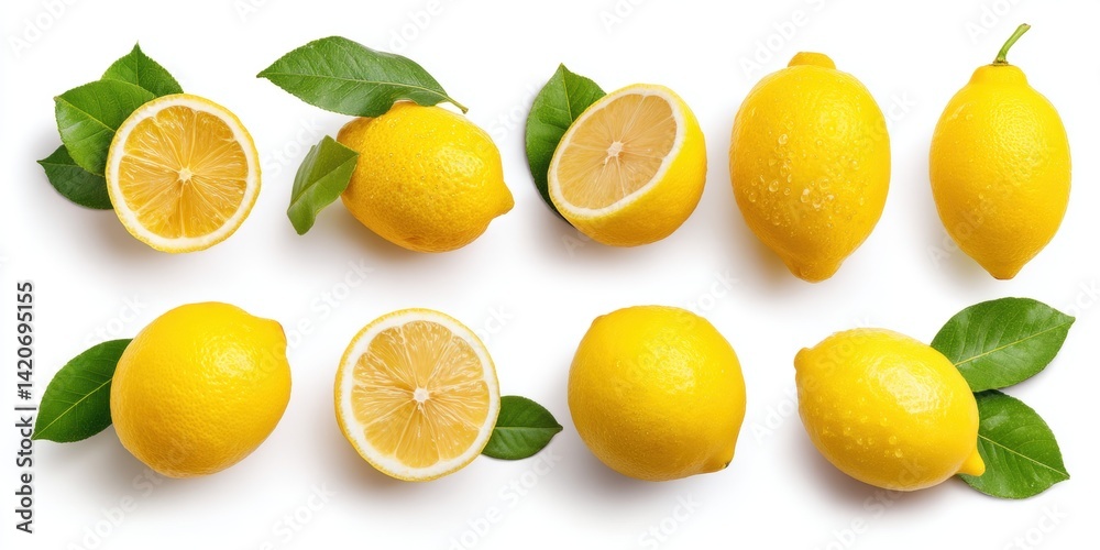 Close-up of fresh yellow lemons with green leaves on a clean white surface, bright natural lighting.