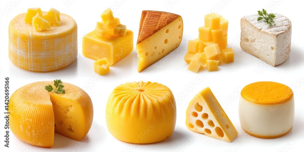 Close-up of assorted cheese varieties and slices on a wooden board with natural lighting.