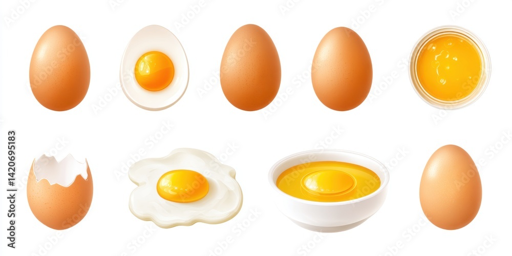 Close-up of separated egg whites and yolks in clear bowls on white surface, bright natural lighting.