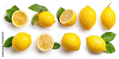 Obraz na płótnie Close-up of fresh yellow lemons with green leaves on a clean white surface, bright natural lighting. w salonie