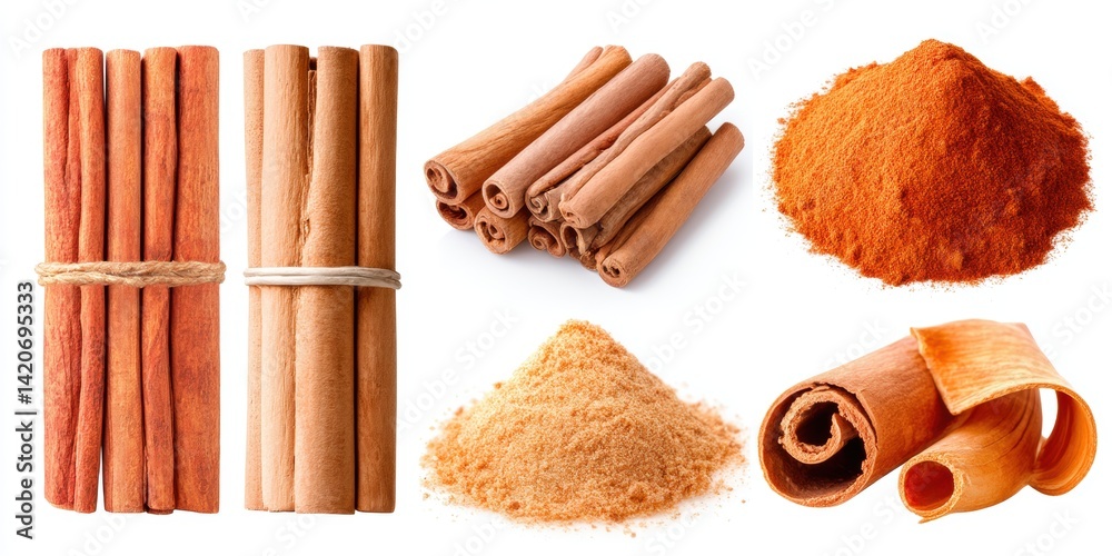 Close-up of cinnamon sticks and fine cinnamon powder on a wooden surface with warm lighting.