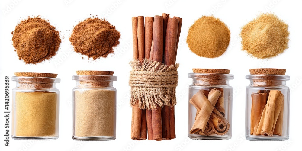Assorted colorful spices in clear glass jars with cork lids arranged on a wooden surface.