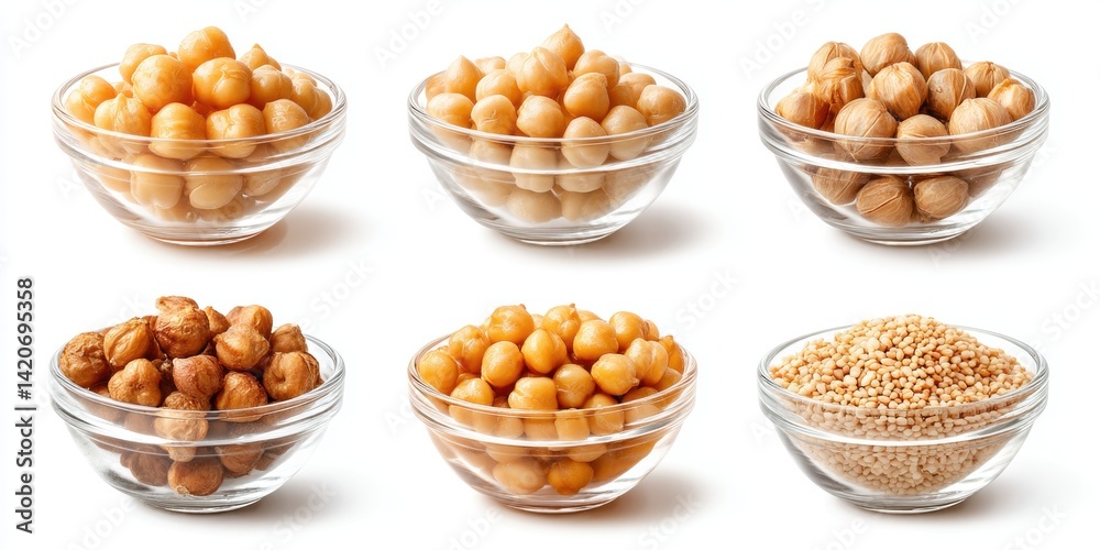 Close-up of assorted nuts in clear glass bowls on a neutral surface with soft lighting.