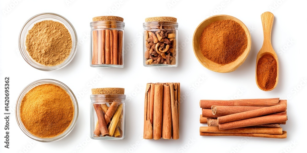 Assorted colorful spices in glass jars arranged on a white surface with bright natural lighting.