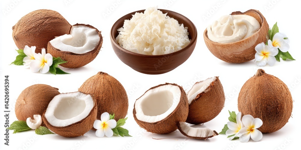 Fresh coconuts and creamy coconut milk with tropical flowers on a clean white background.