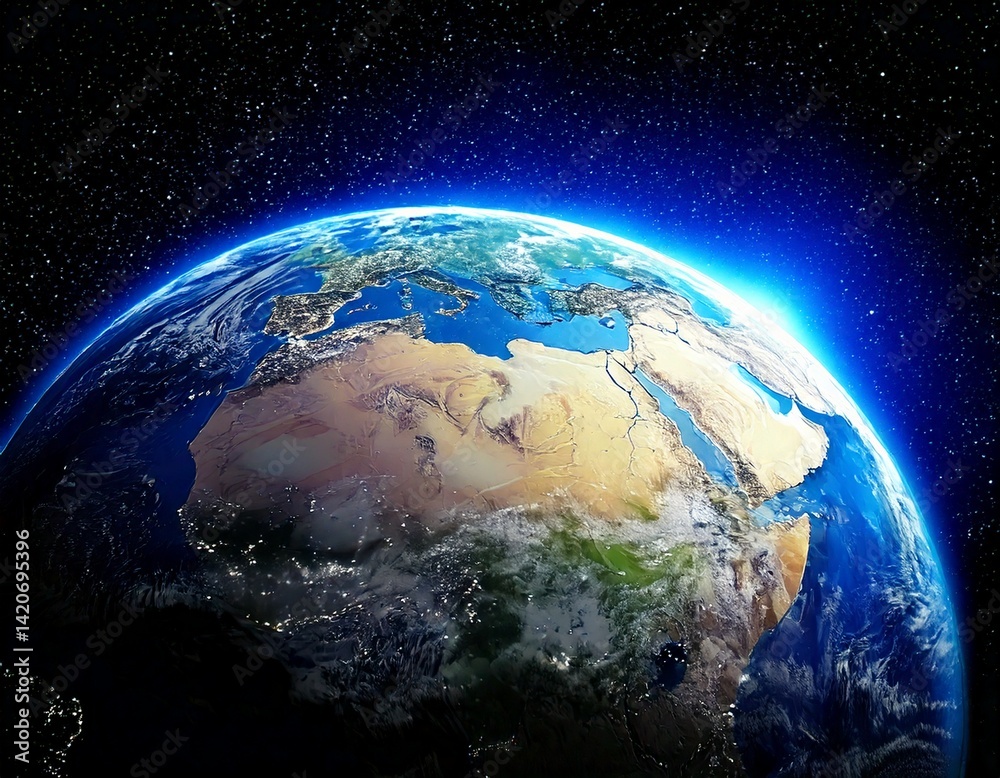 Fototapeta premium Planet earth globe view from space showing realistic earth surface and world map as in outer 