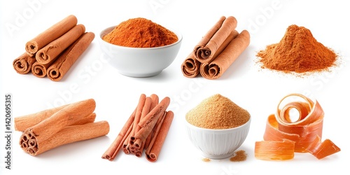 Ground cinnamon powder and whole cinnamon sticks arranged in a ceramic bowl on a white background.