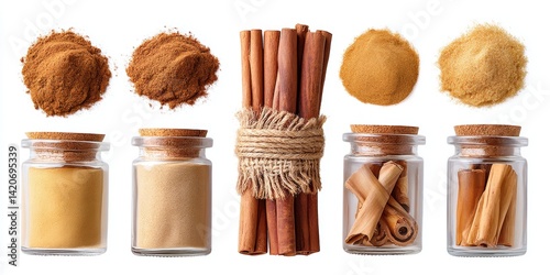 Assorted colorful spices in clear glass jars with cork lids arranged on a wooden surface.