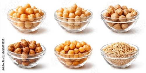 Obraz na płótnie Close-up of assorted nuts in clear glass bowls on a neutral surface with soft lighting. w salonie